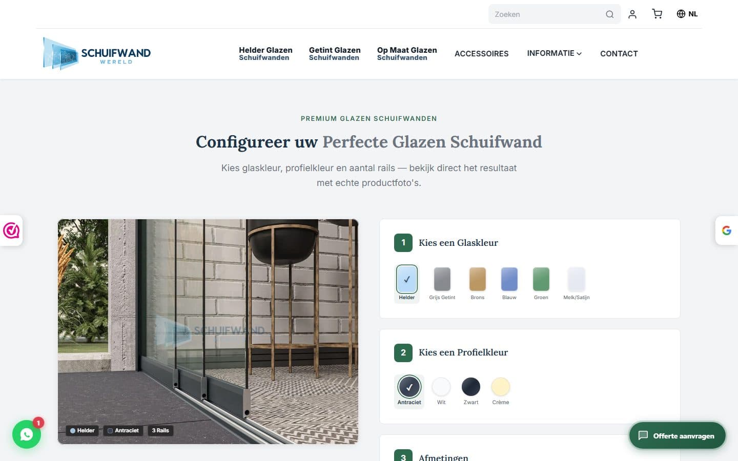 Schuifwand Wereld homepage with the product configurator for glass sliding walls